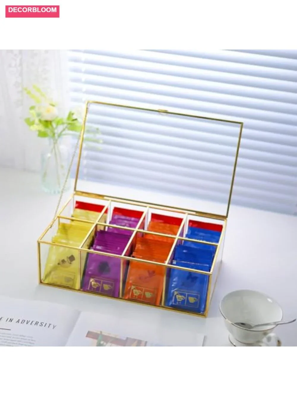 Glass Tea Bag Organizer with 8 Compartments, Handmade Large Storage Box for